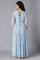 Blue Tiered Embroidered Dress With Belt