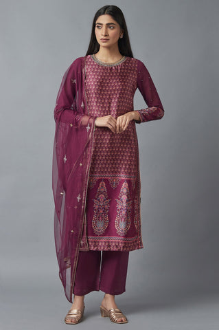 Purple Printed kurta, Parallel Pants and Dupatta Set