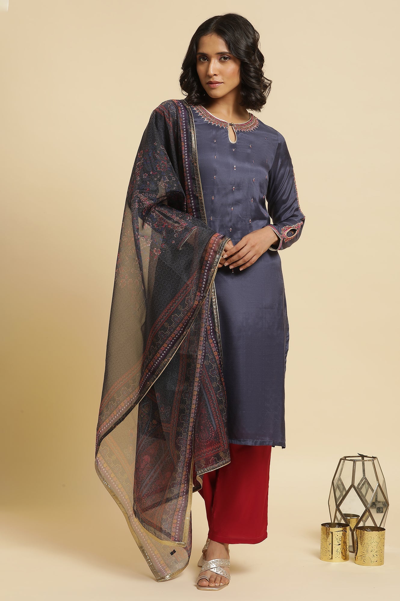 Blue Embroidered Kurta, Straight Pants & Dupatta Set