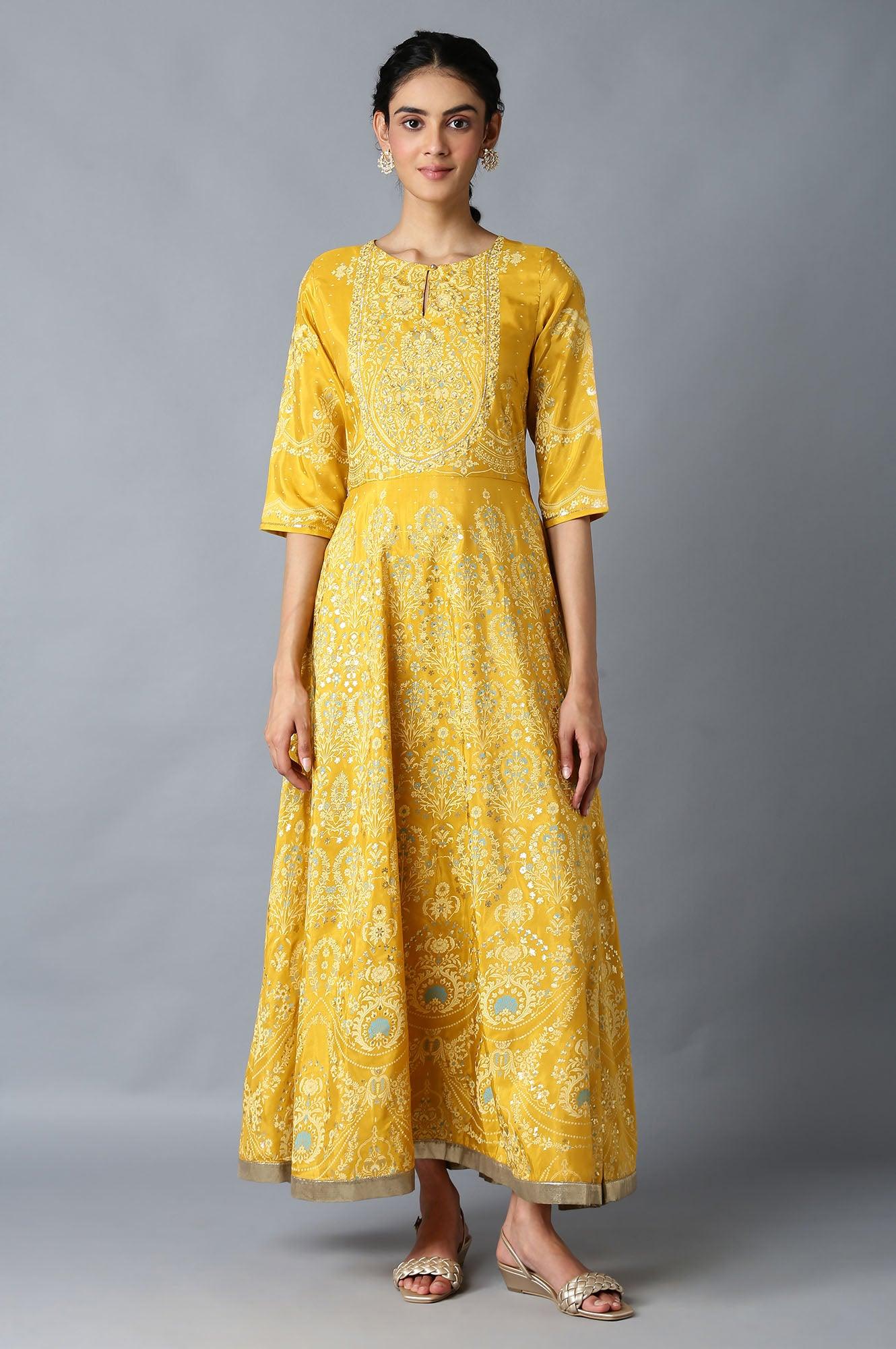 Golden Orange Floral Print Indie Dress