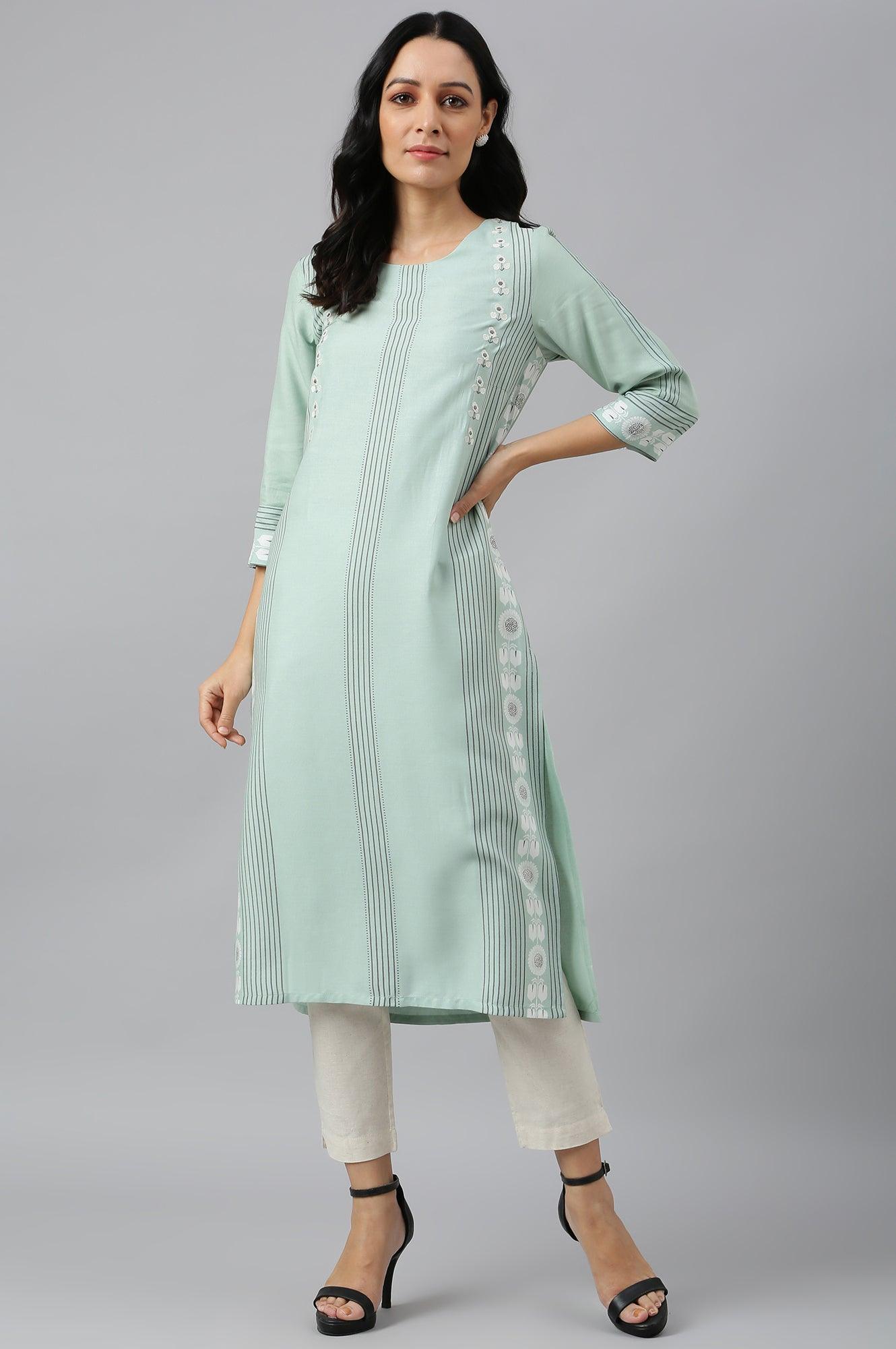 Green Printed kurta With Embroidery