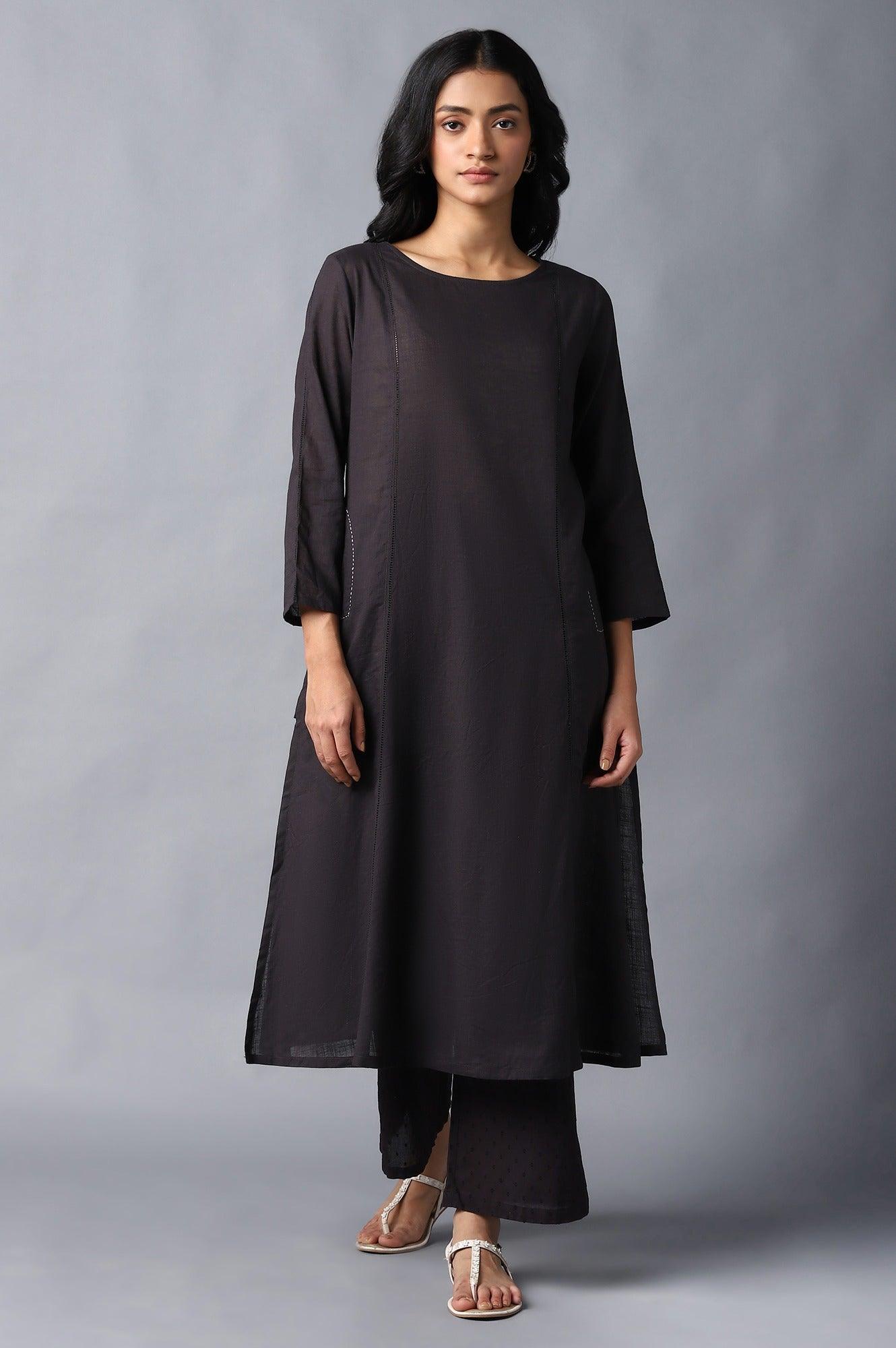 Dark Brown Classic A-Line kurta With Kantha In Round Neck