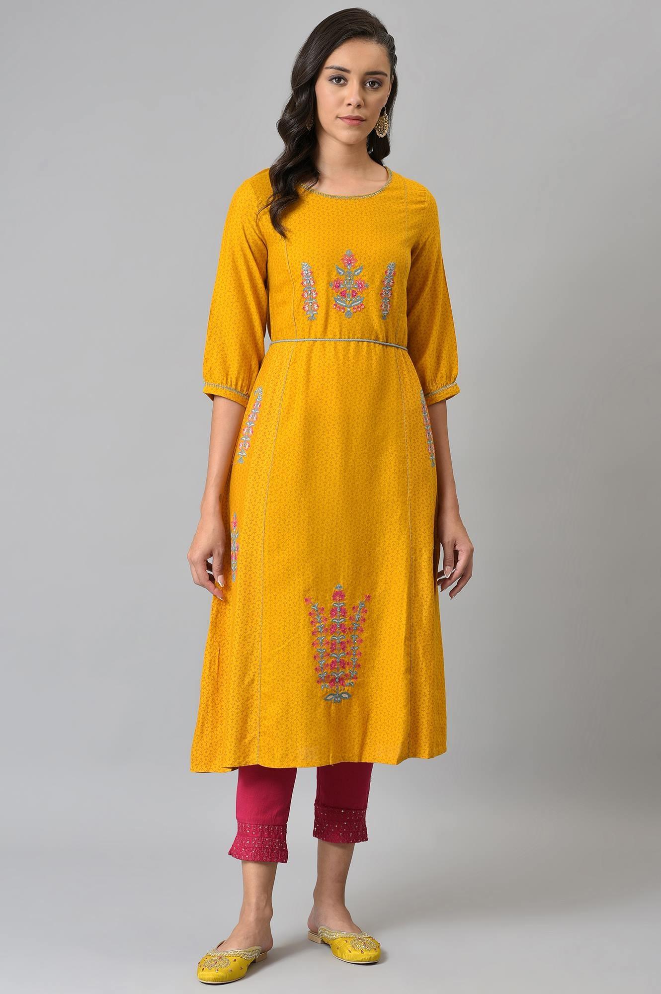 Mustard Yellow A-Line Printed kurta With Embroidery