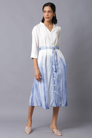 White And Blue Lapel Collar Shirt Dress With Belt