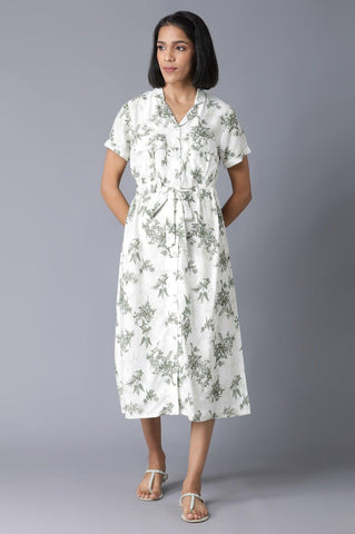 Ecru Floral Print Lapel Collar Dress