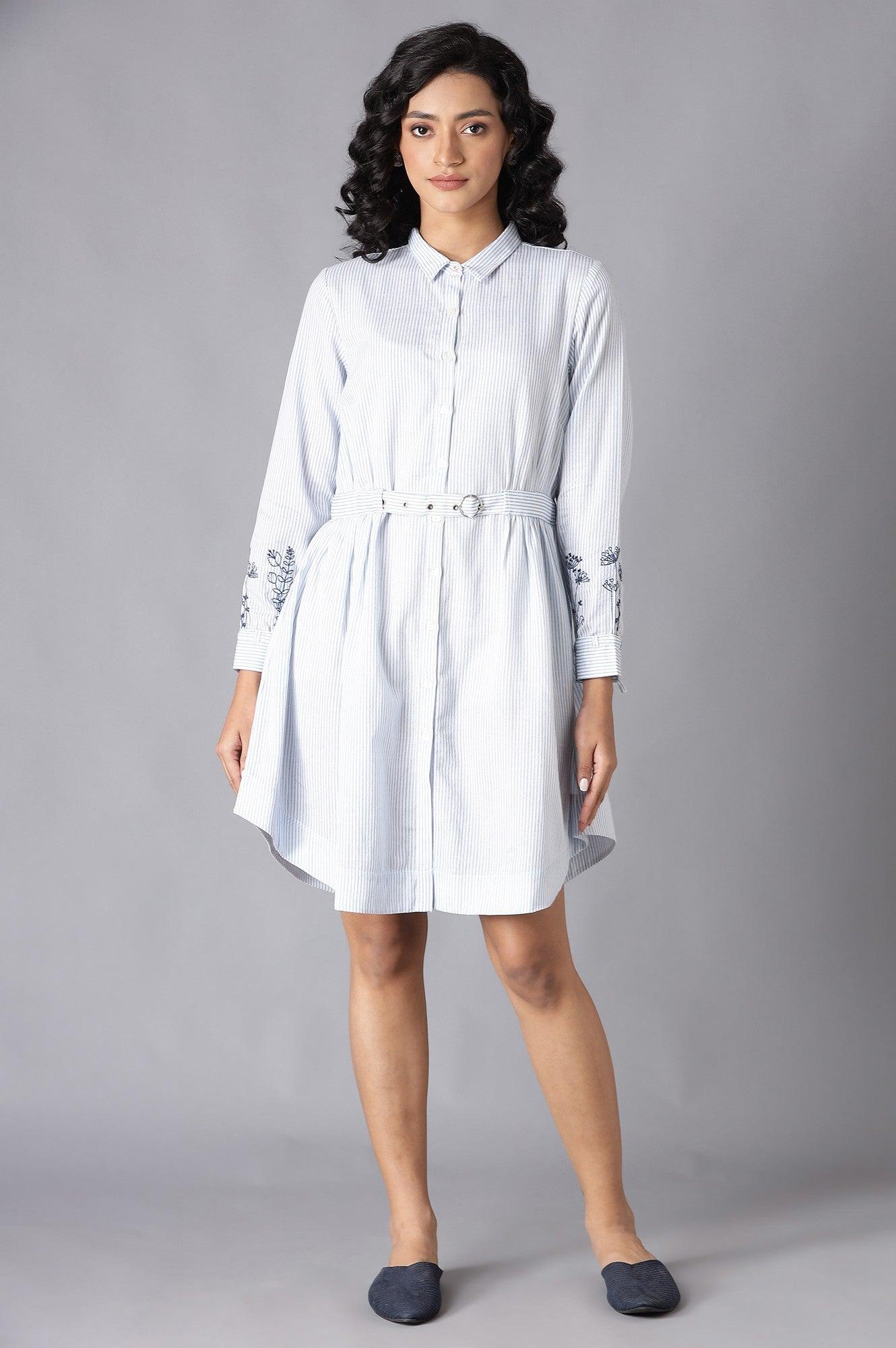 Ecru Stripe Printed Tunic With Belt And Embroidered Sleeves