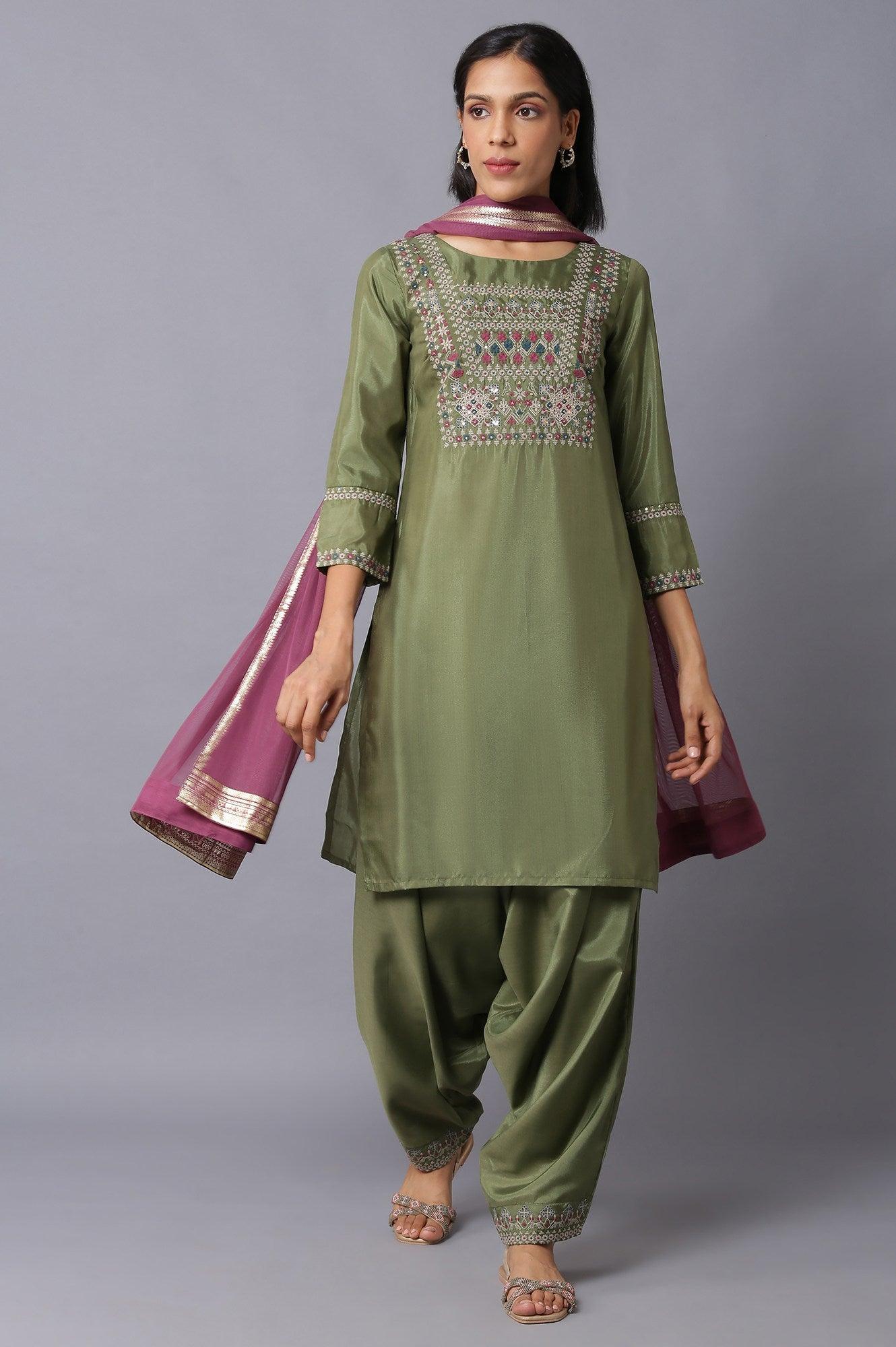 Olive Green Embroidered kurta And Draped Pants Set