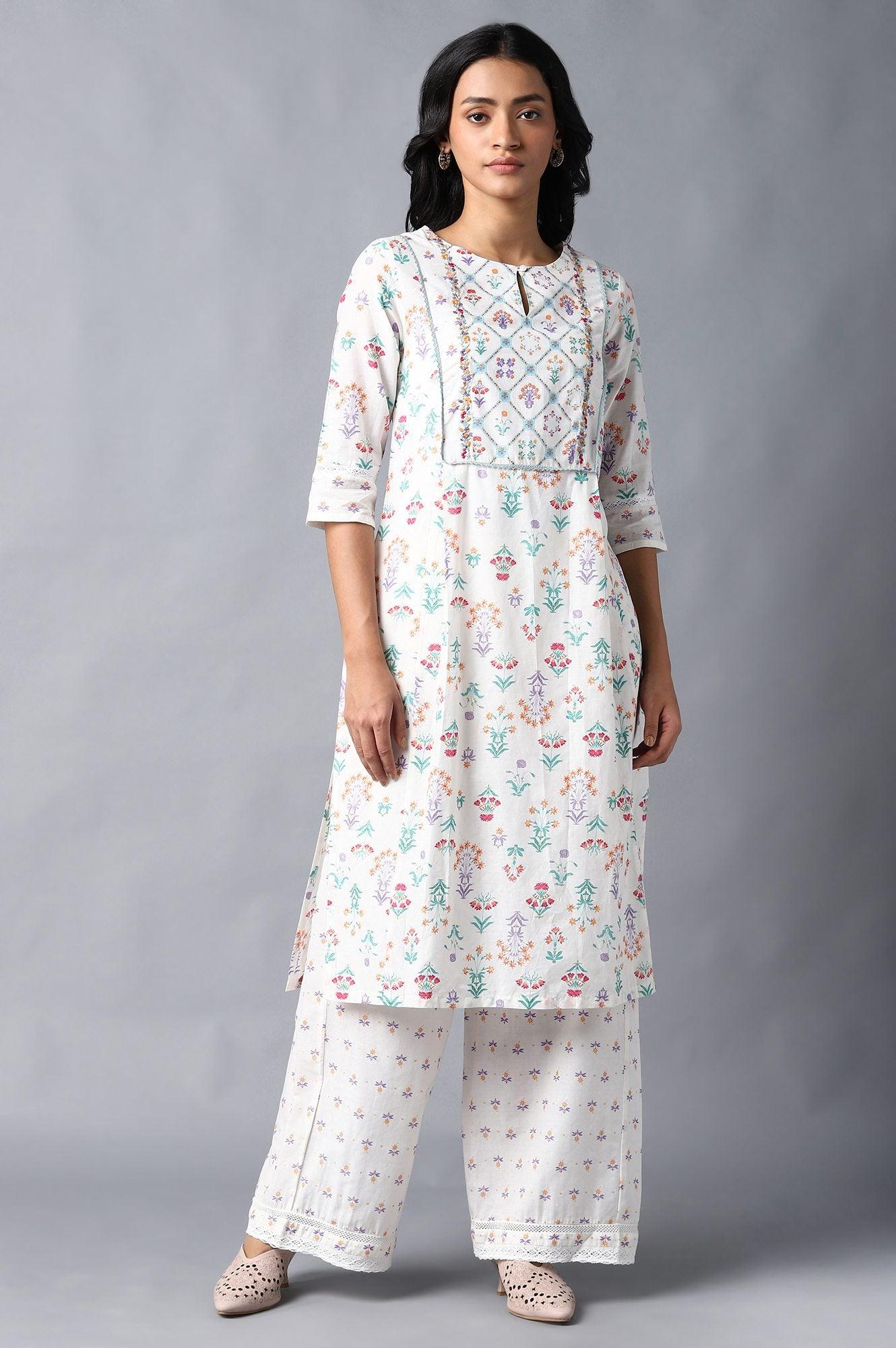 Ecru Floral Printed kurta & Parallel Pants Set