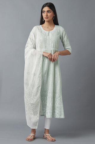 Light Green Printed kurta with Ecru Tights and Dupatta