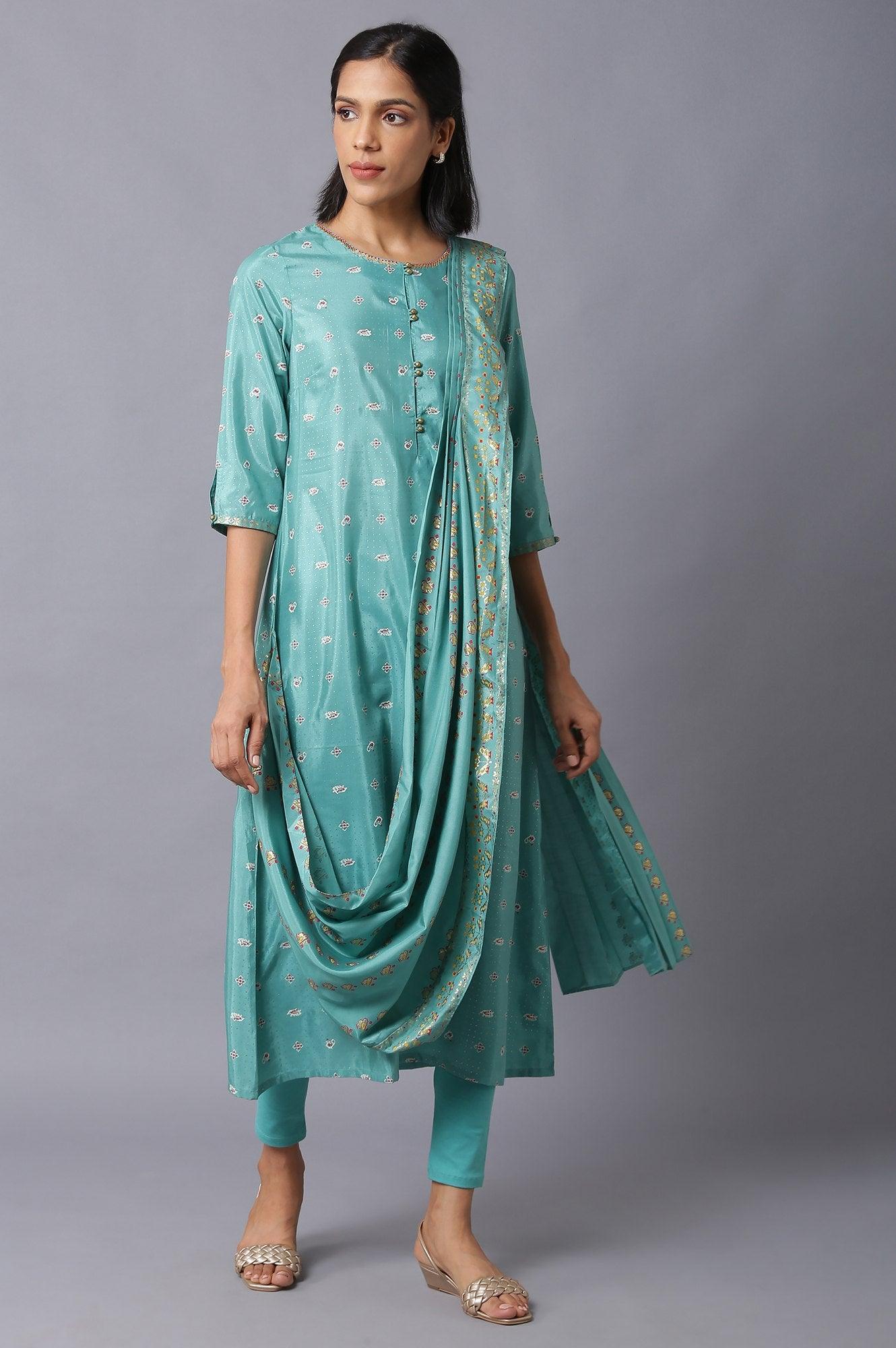 Green Printed Draped A-Line kurta With Tights