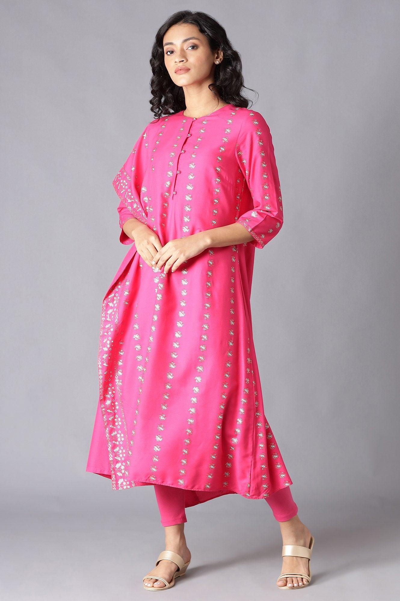 Dark Pink Saree Style kurta With Tights