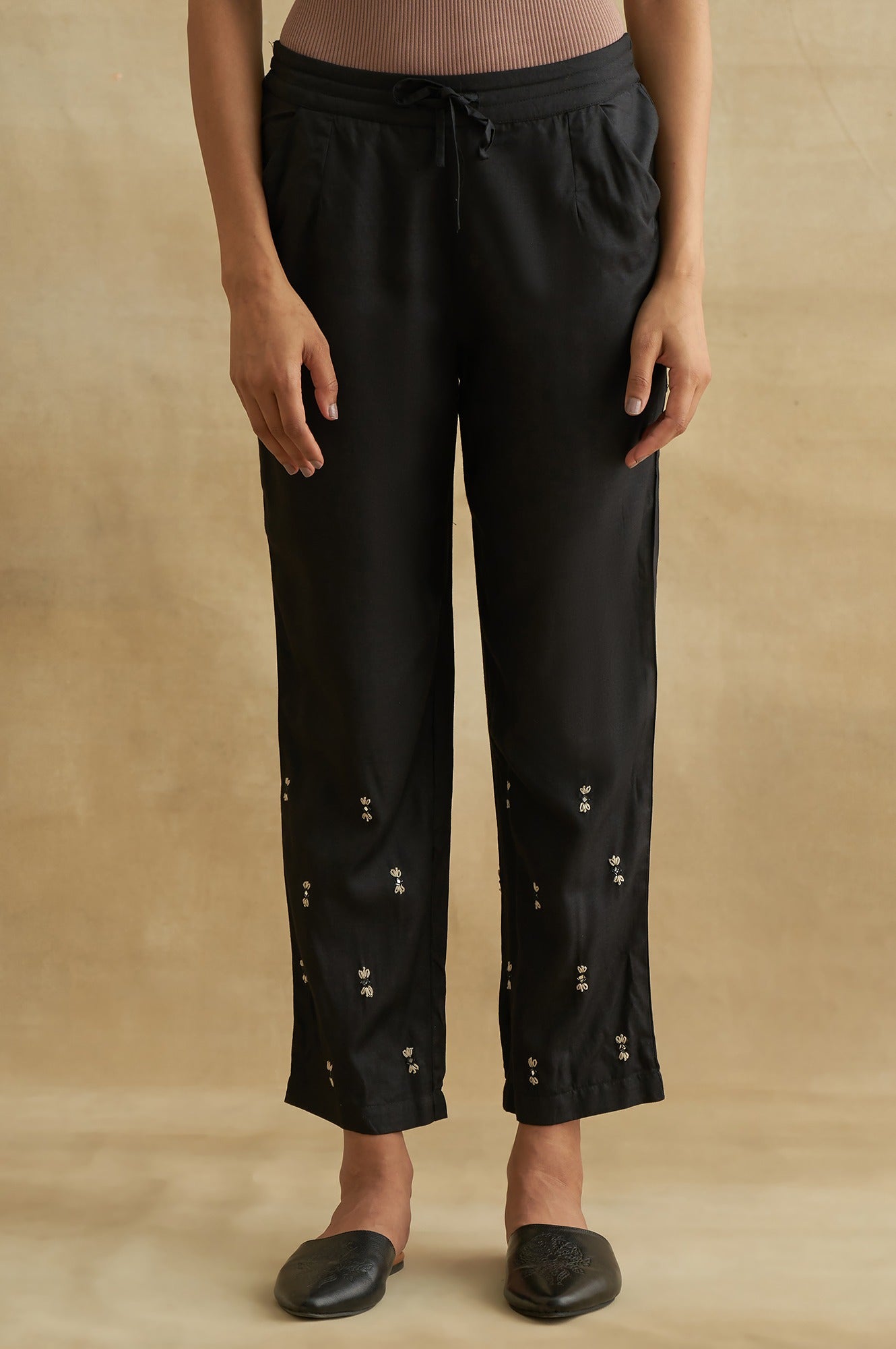 Black Thread Embroidered Silk Tussar Straight Pants