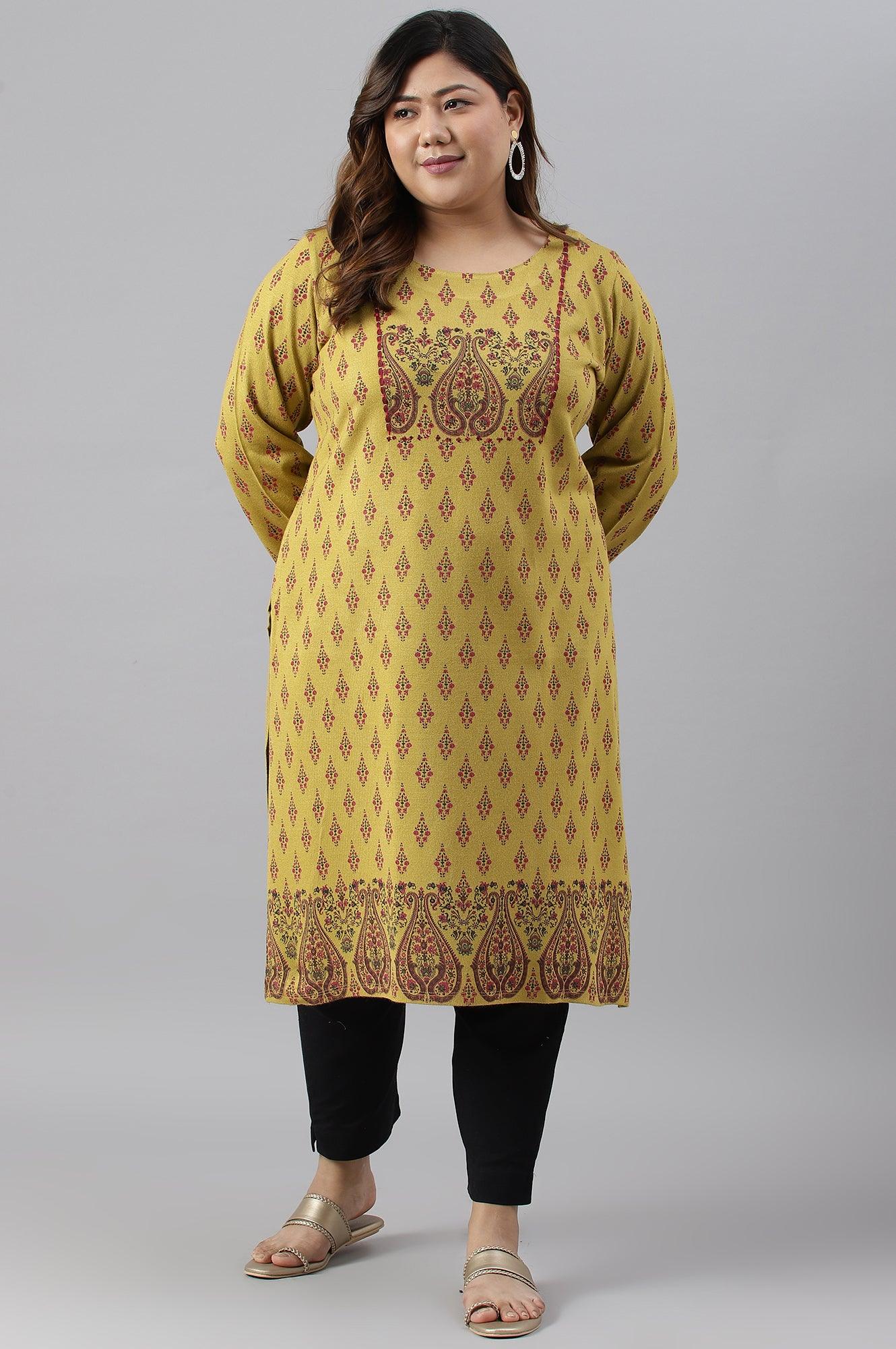 Green Paisley Print Festive Plus Size Winter kurta