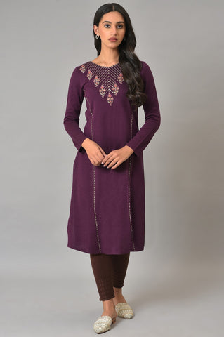 Purple A-Line Embroidered Winter kurta