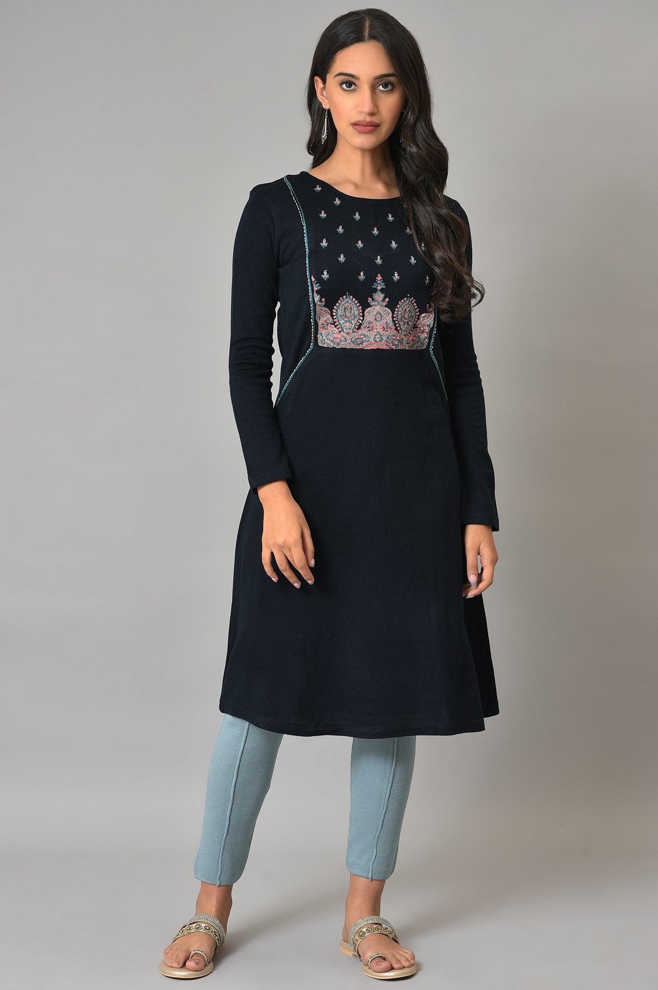 Blue A-Line Floral Printed Winter kurta