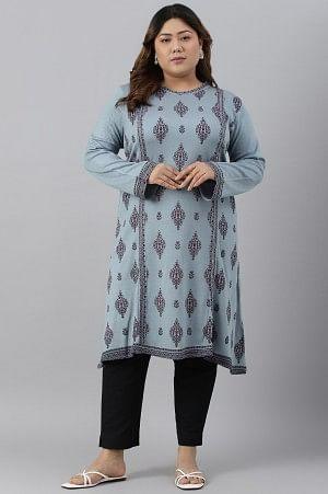 Blue Printed Knitted Winter Plus Size kurta