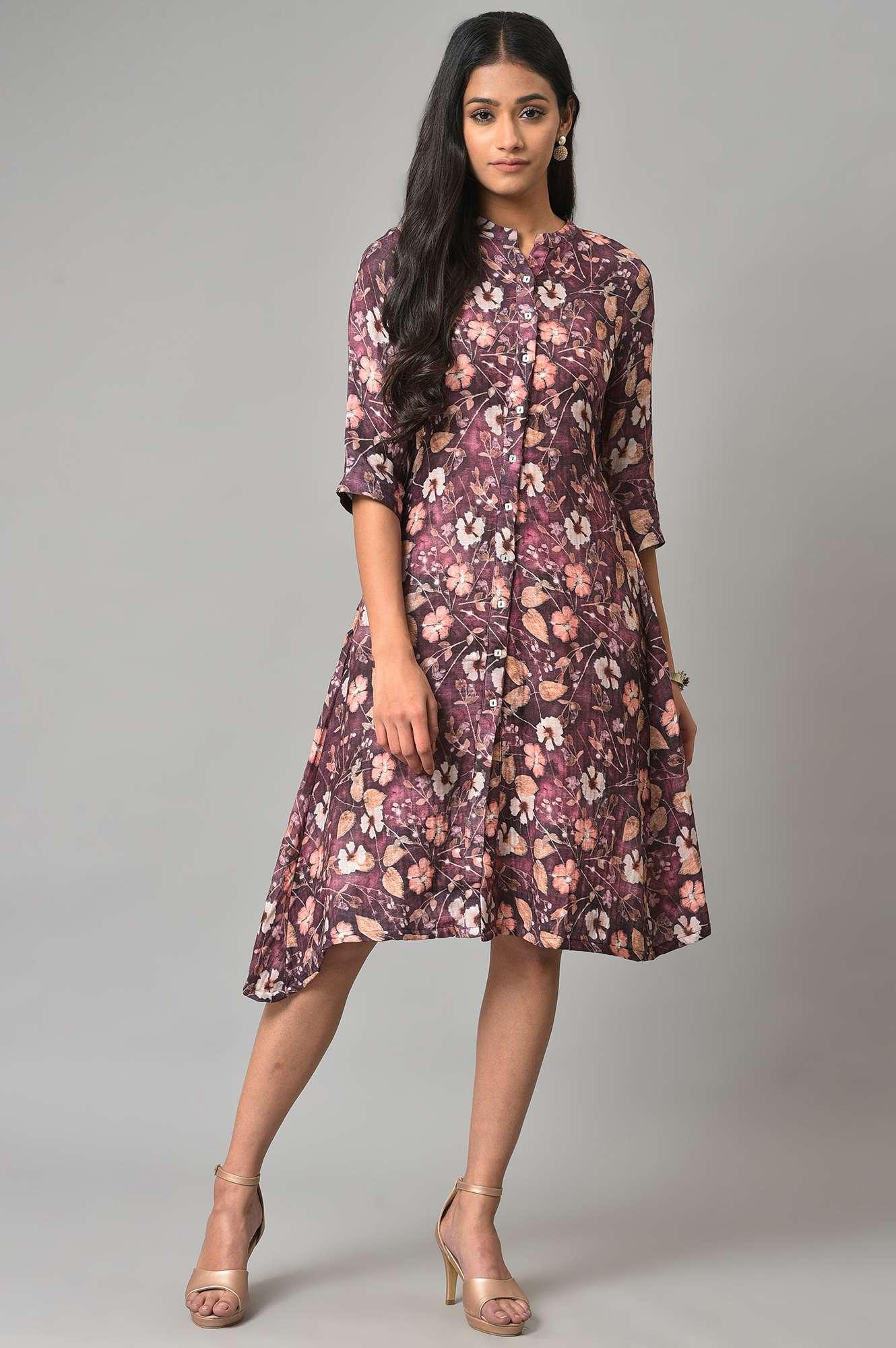 Pink Floral Printed Western Shirt Dress