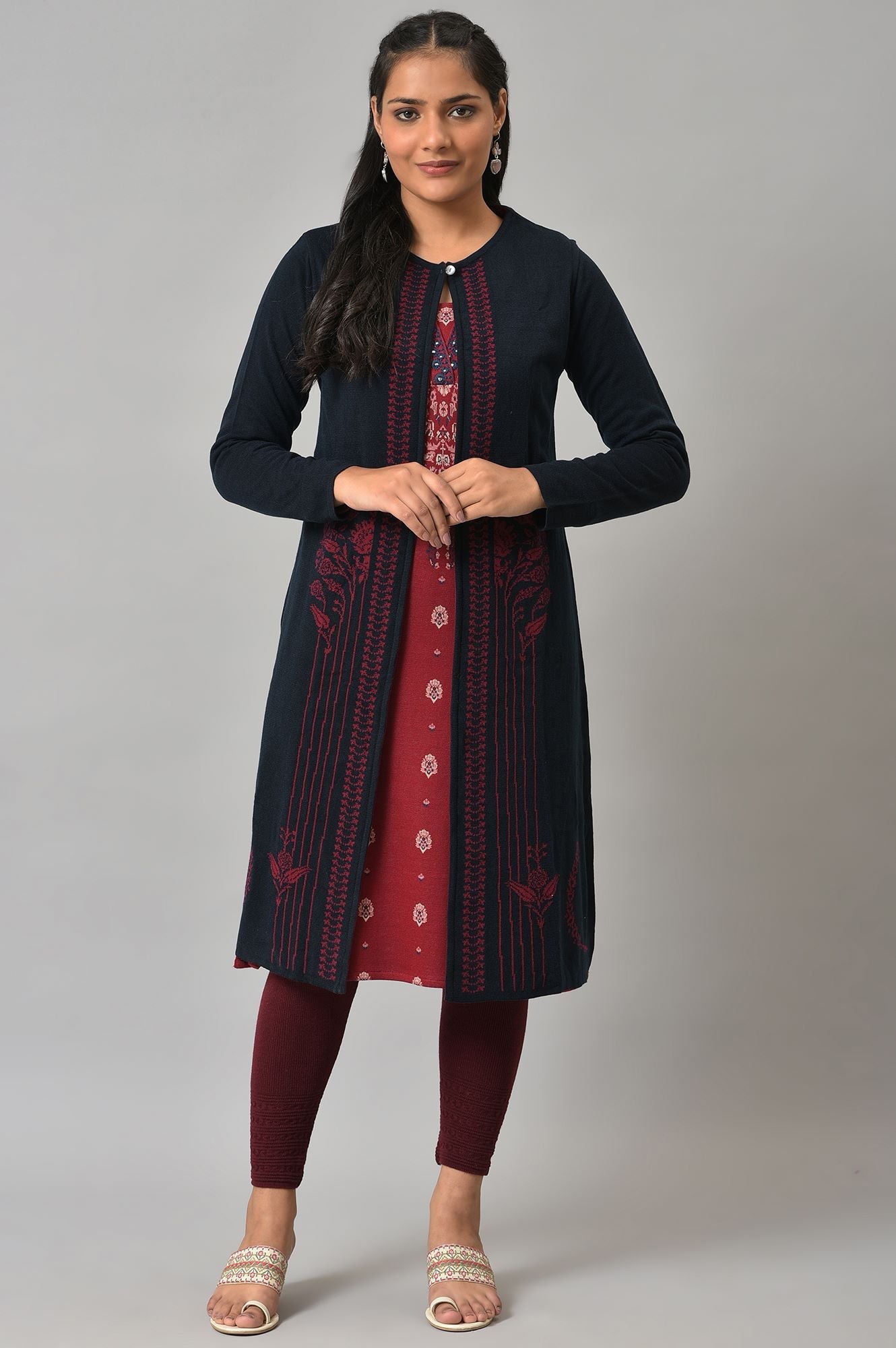 Blue And Red Floral Printed Reversible Cardigan