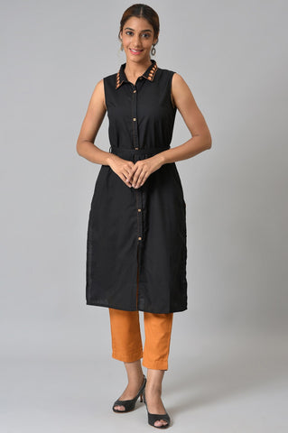 Black Shirt Collar kurta With Mustard Trousers