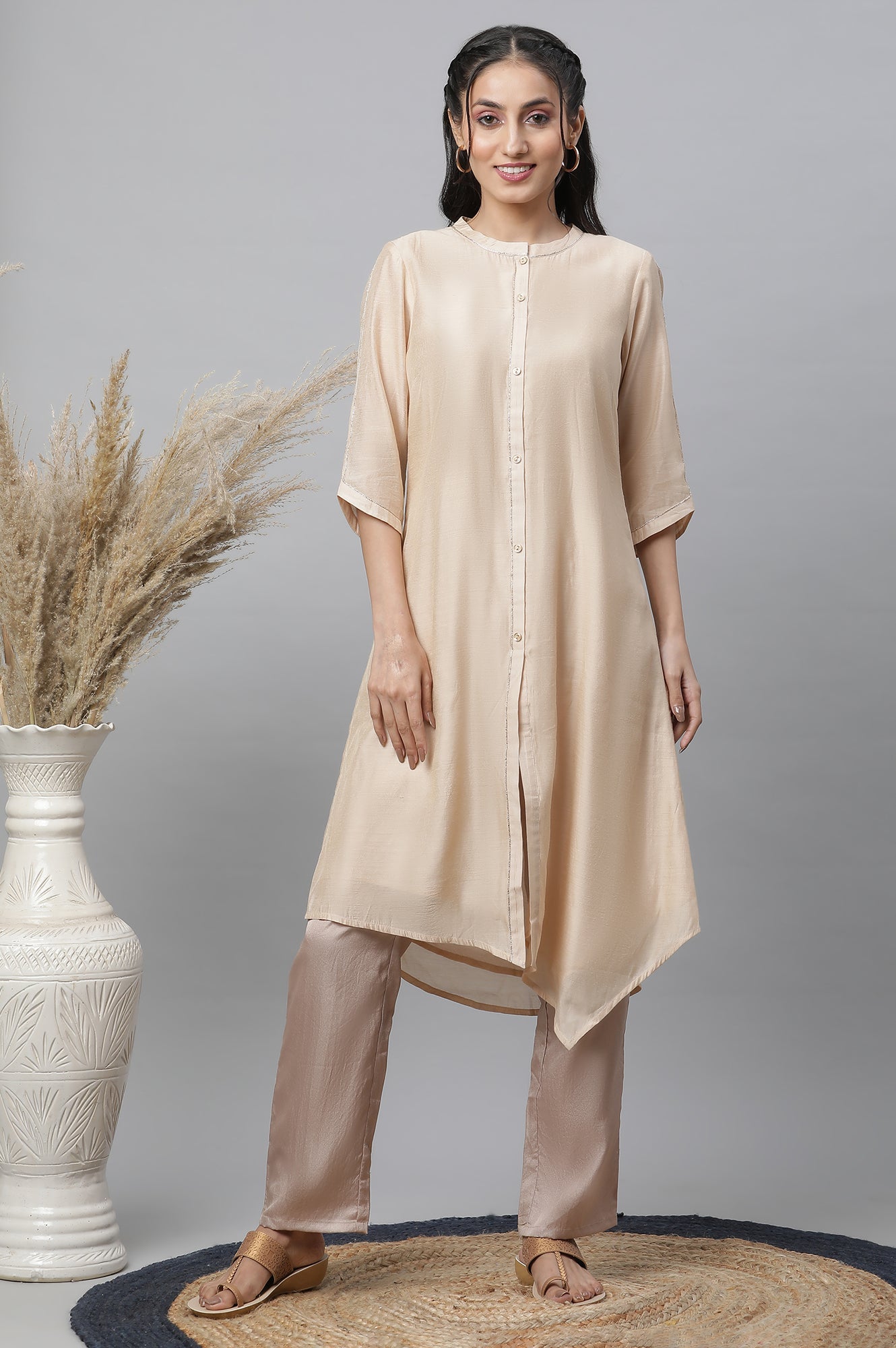 Beige Chanderi Asymmetrical Kurta