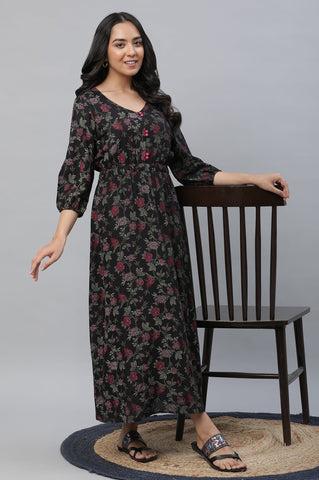 Black Floral Printed Gathered Dress