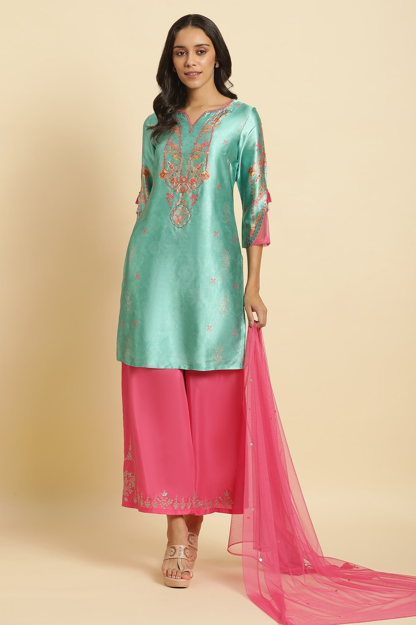 Sea Green Digital Printed Kurta, Pants & Dupatta Set