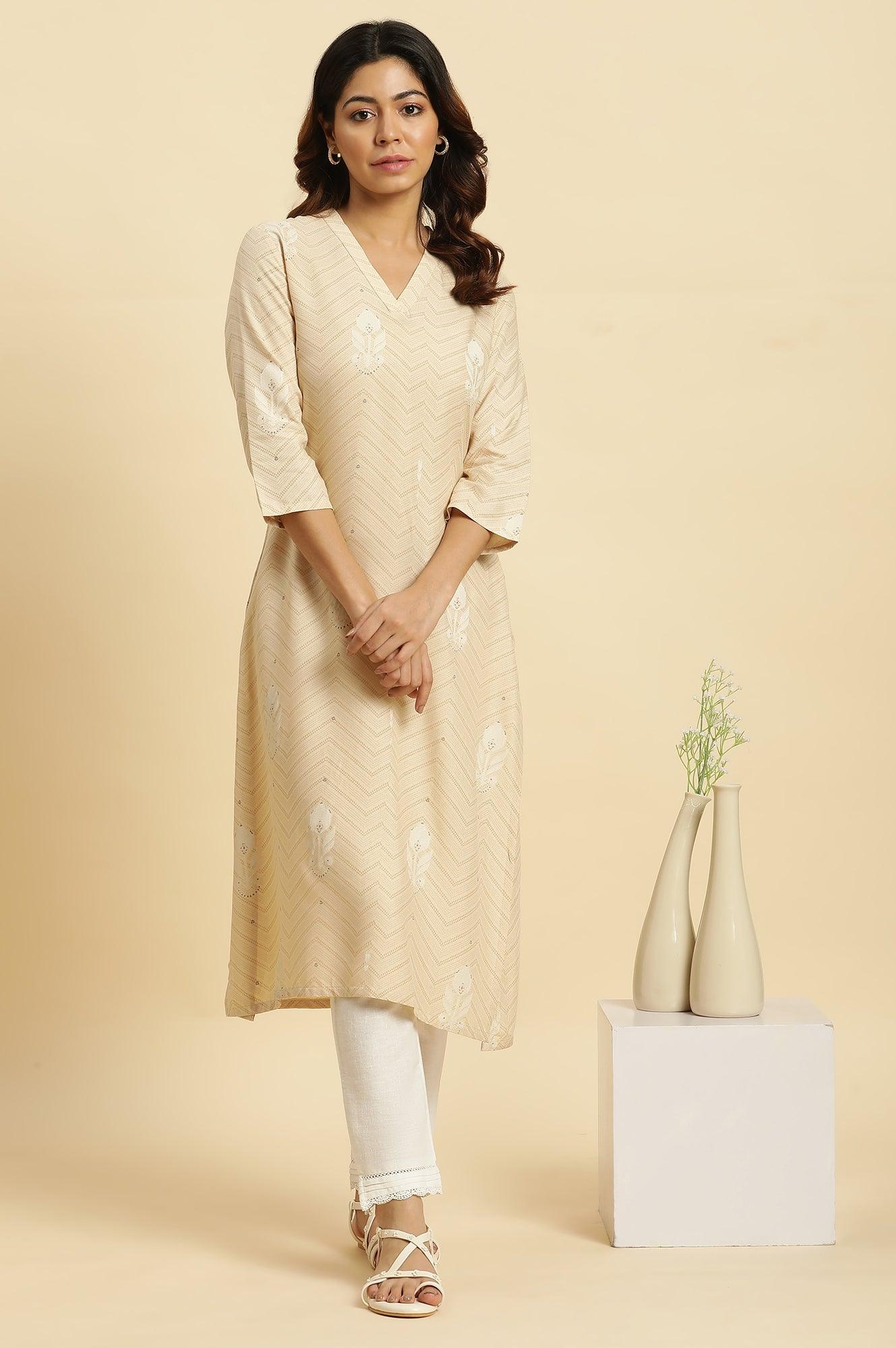 Beige Floral Printed A-Line Casual Kurta