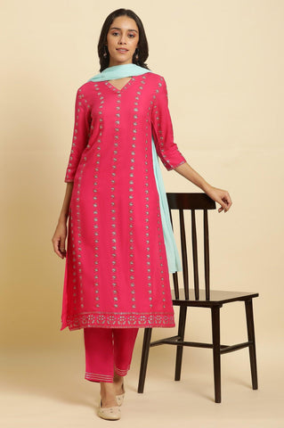 Pink Embellished Festive Kurta, Pants And Dupatta Set