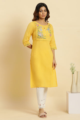 Yellow Cotton Swiss Dot Embroidered Kurta