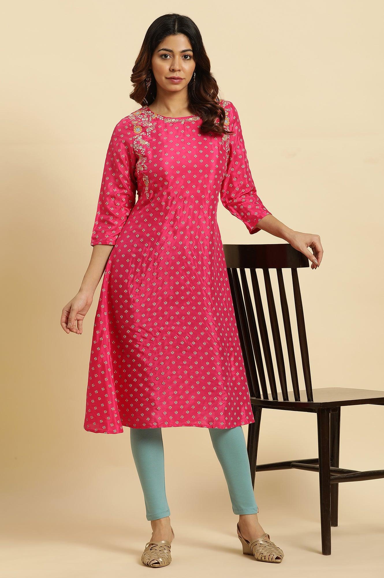 Dark Pink Embroidered A-Line Festive Kurta