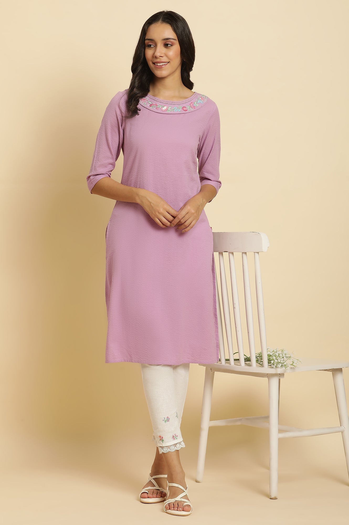 Light Purple Seer Sucker Embroidered Kurta