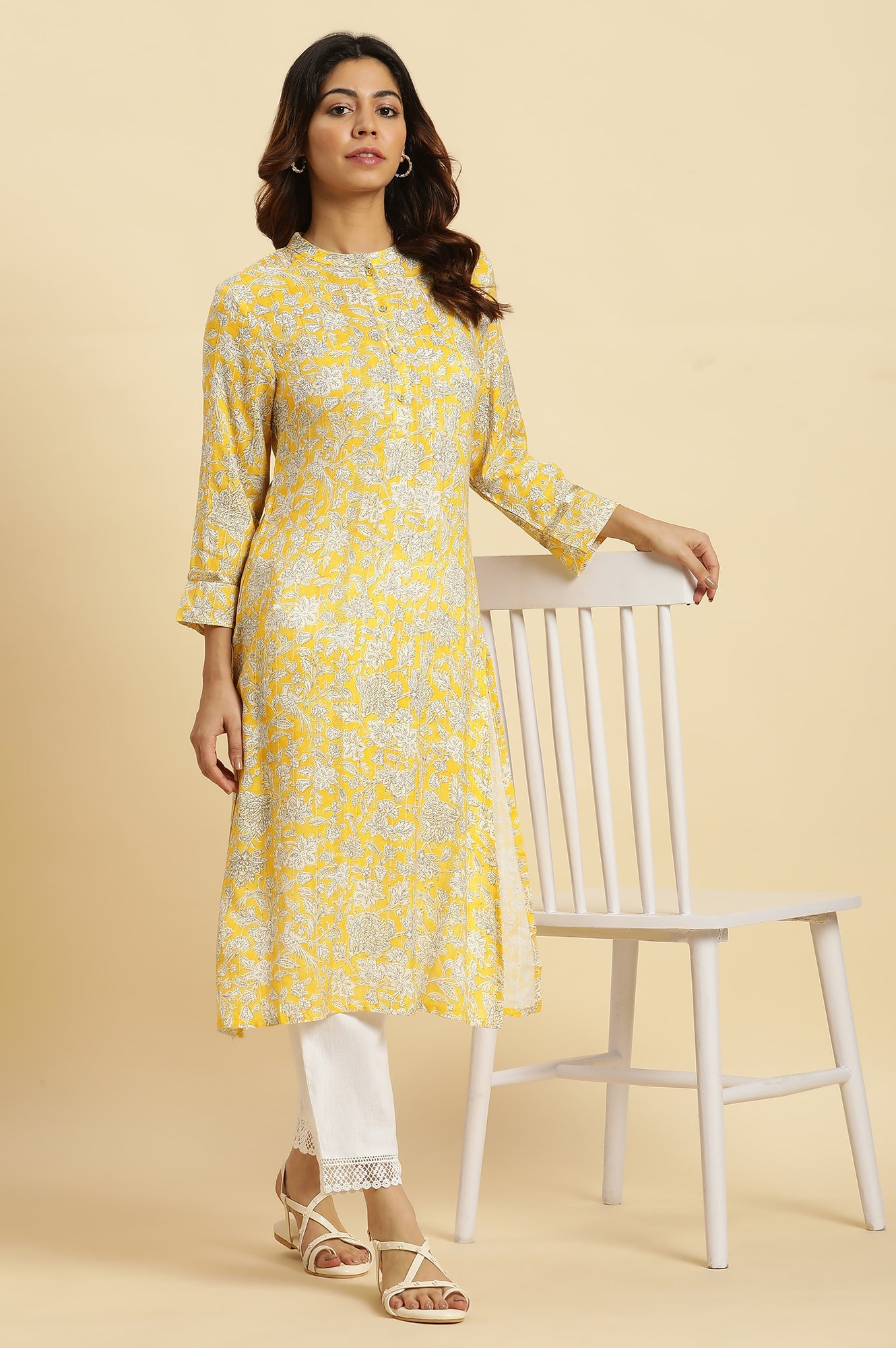 Yellow Floral Printed A-line Kurta