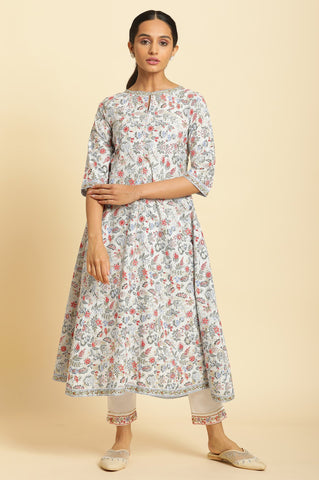 Powder Blue Floral Printed Flared Kurta