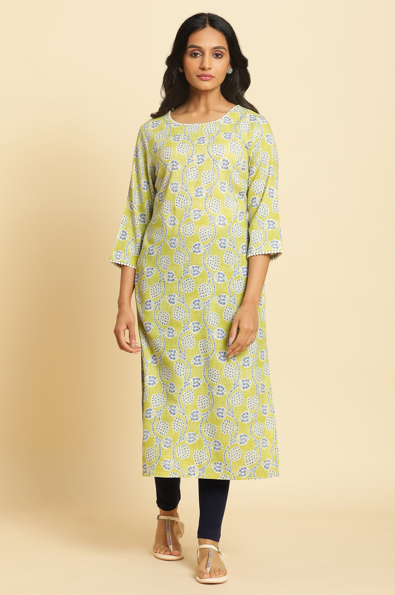 Green Floral Printed Straight Kurta