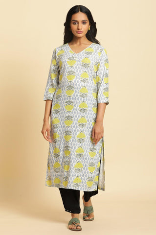 White Straight Kurta With Green & Blue Prints