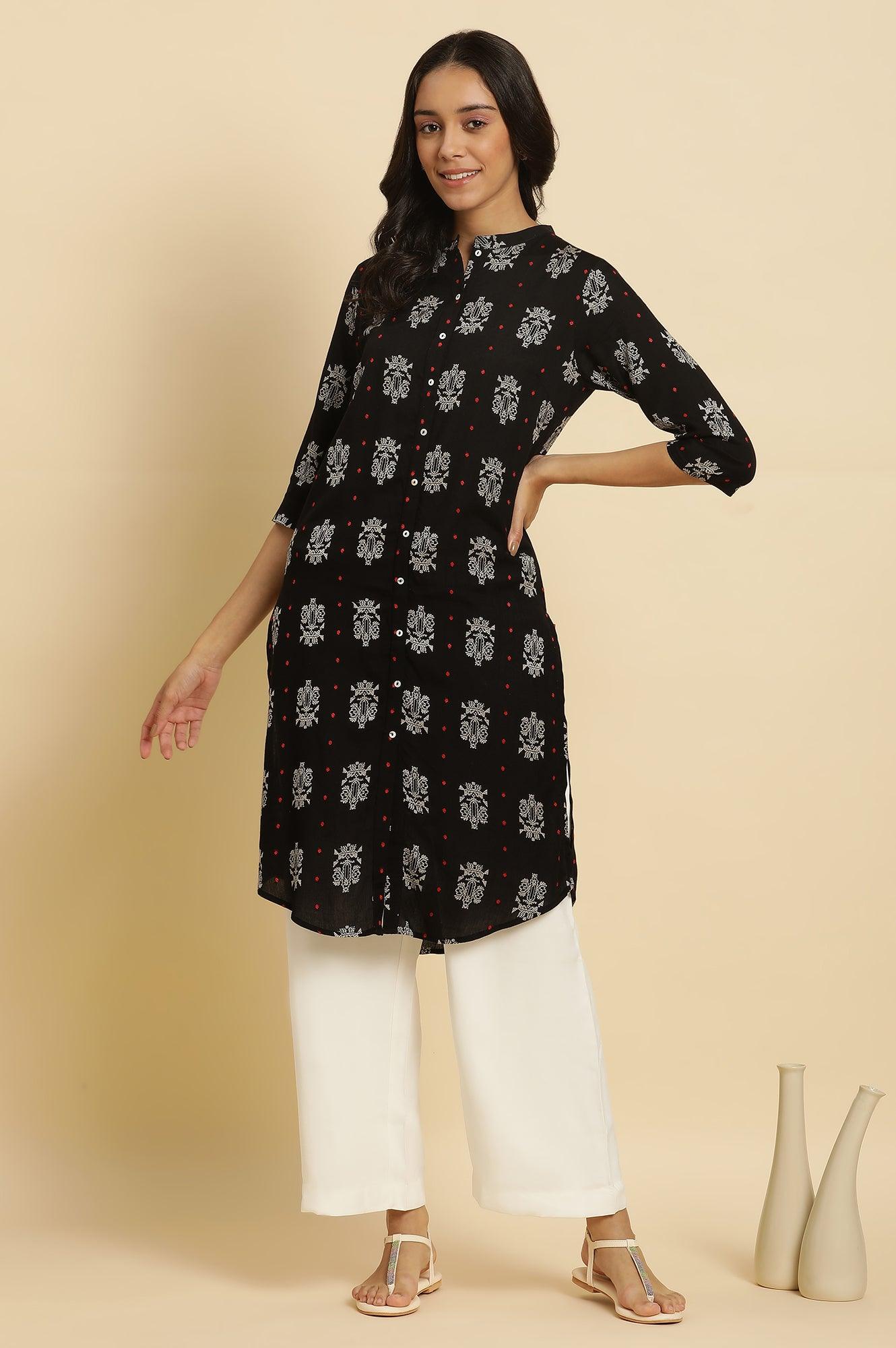 Black Printed Shirt Style Kurta