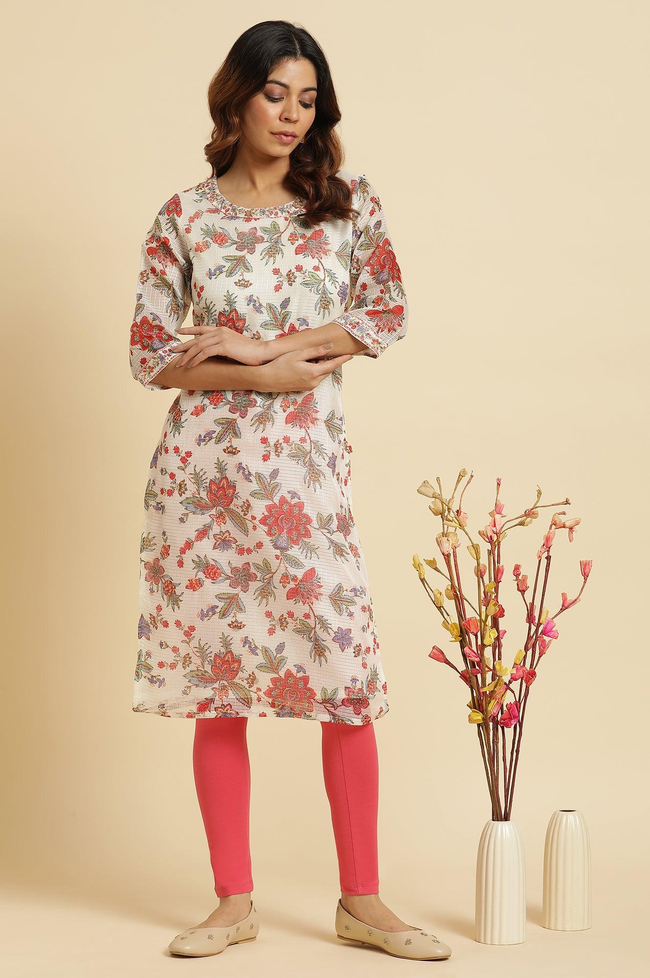 Ecru Kota Kurta With Multi-Coloured Floral Print