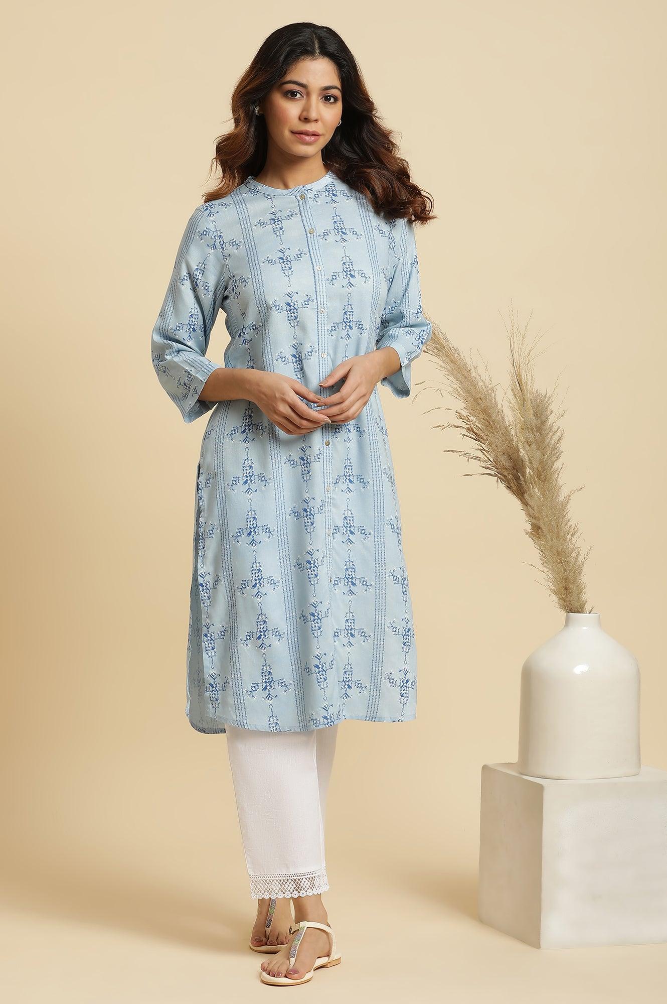 Blue Striped Rayon Straight Kurta