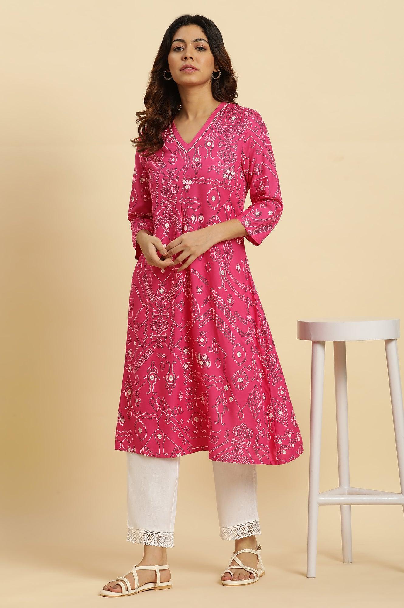 Pink Geometric Printed A-Line Kurta