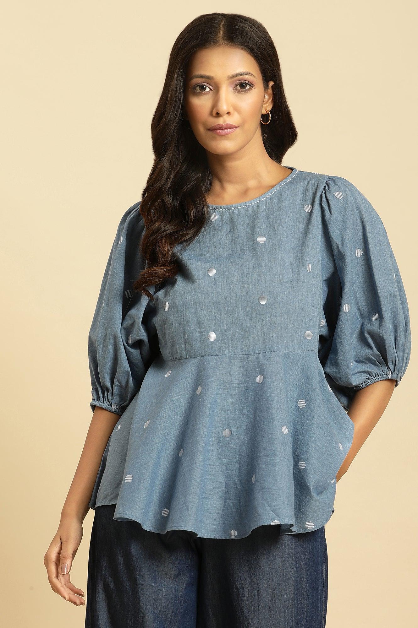 Blue Cotton Polka‑Dot Peplum Top for Women
