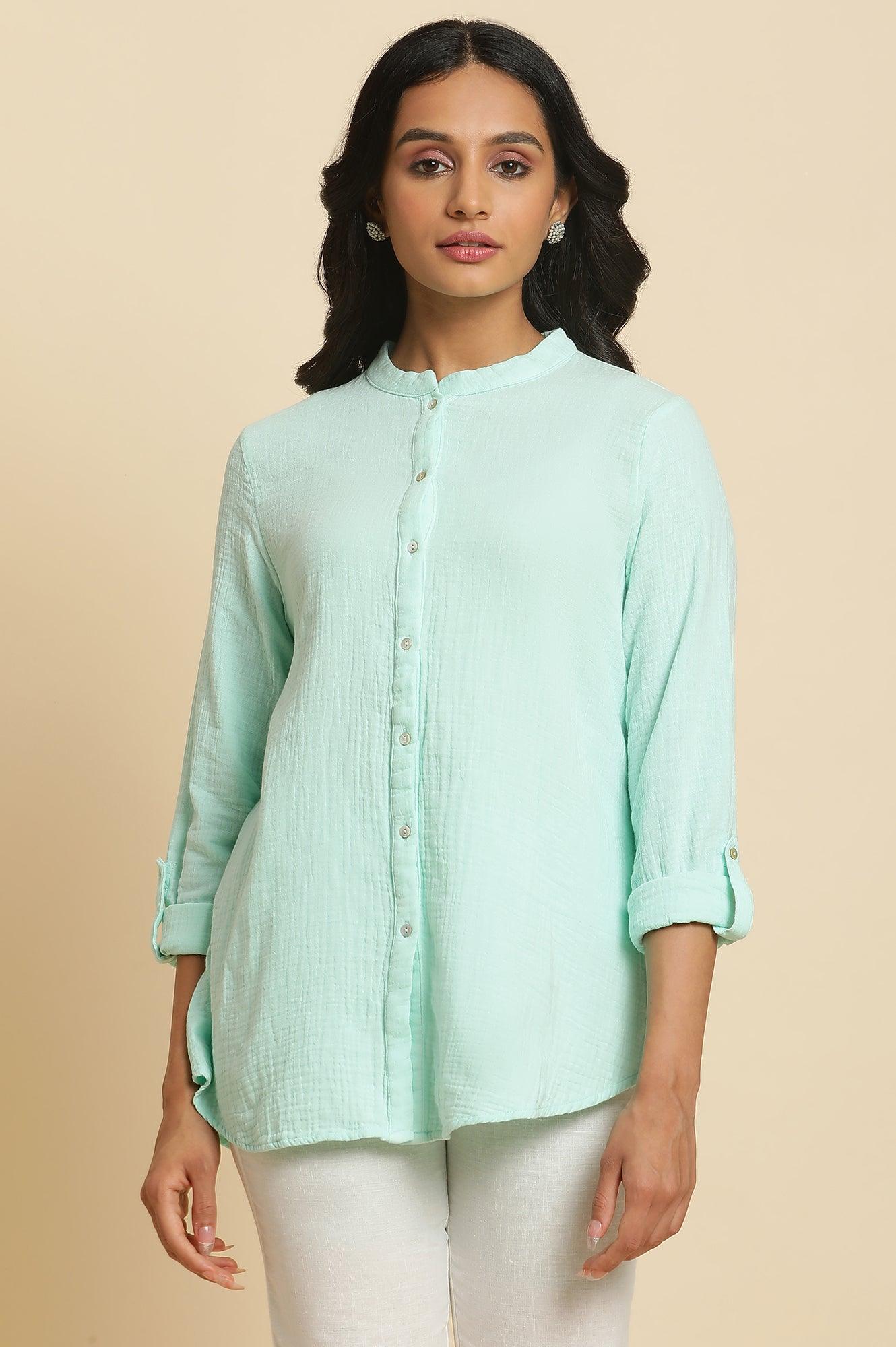 Blue Mandarin Collar Western Top