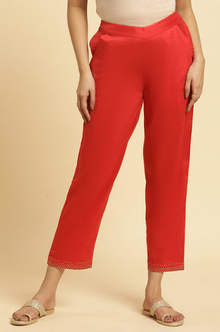 Red Straight Pants With Embellished Hemline