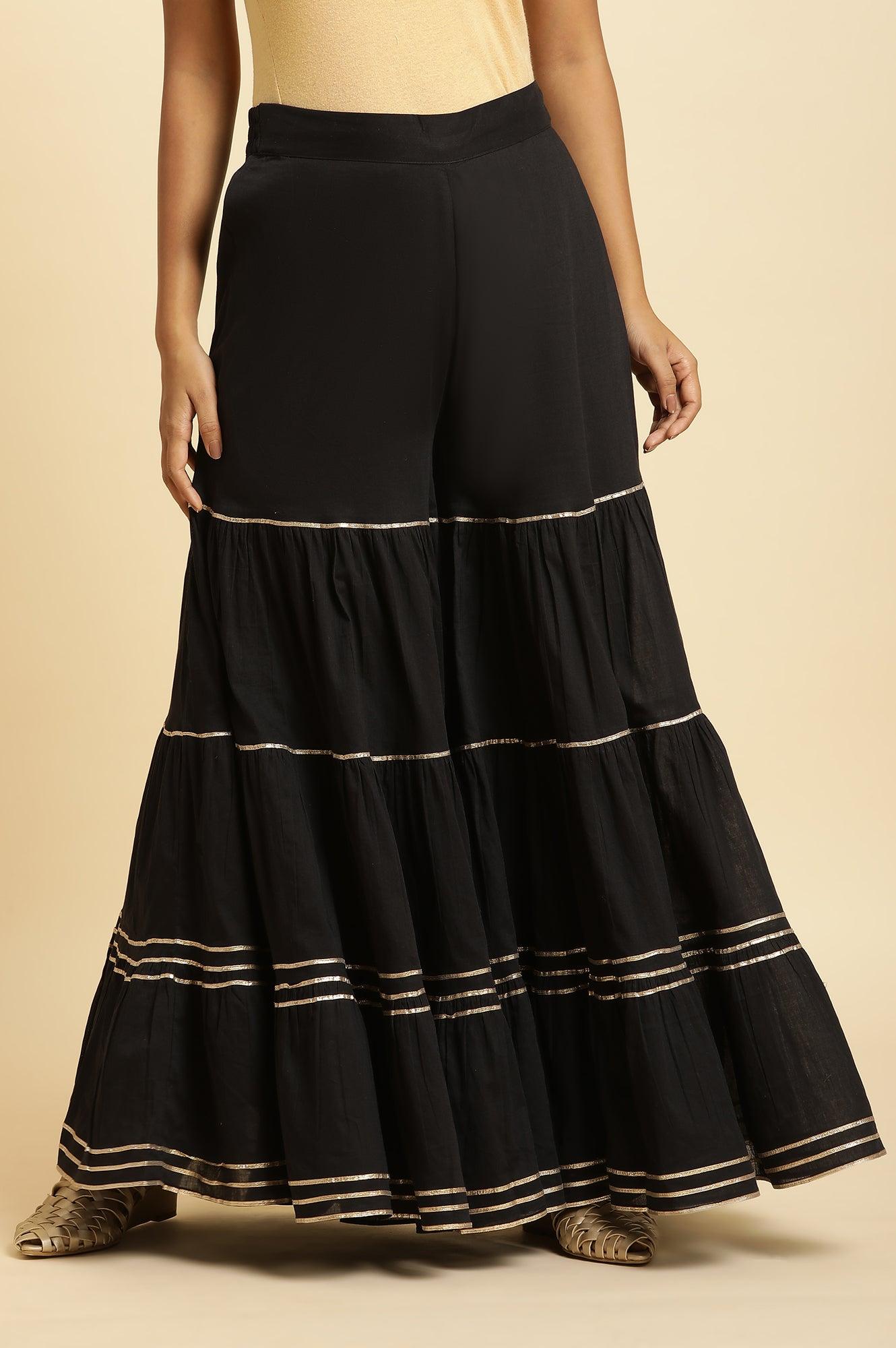 Black Tiered Cotton Sharara With Gota