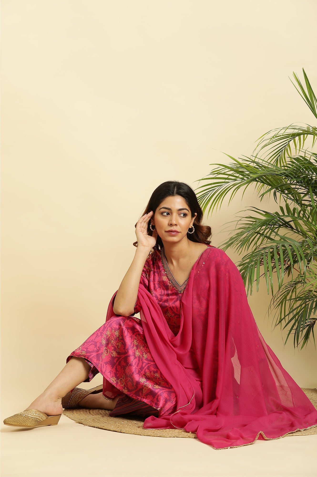 Dark Pink Chiffon Dupatta With Gota Border