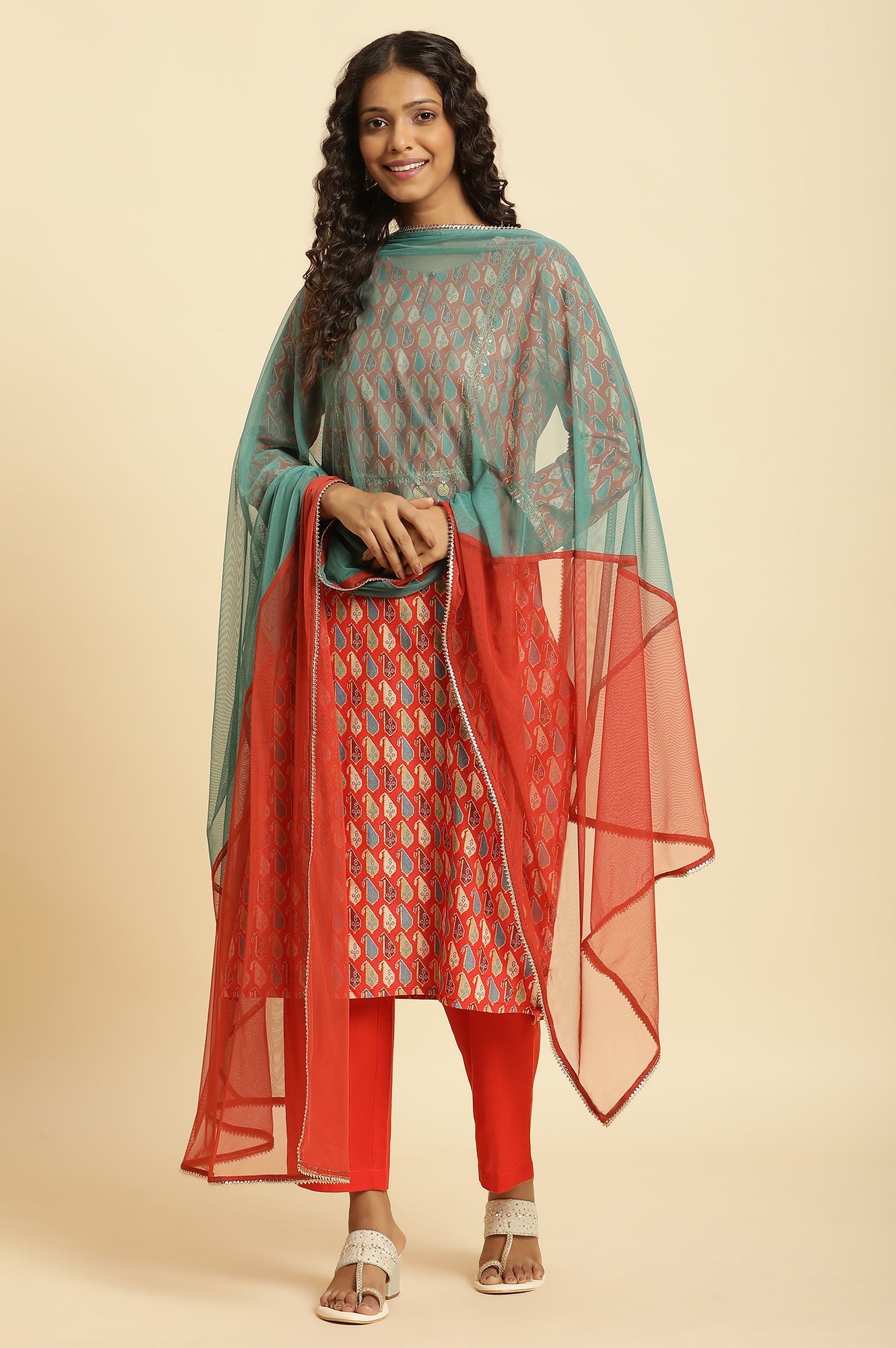 Orange And Teal Half And Half Net Dupatta