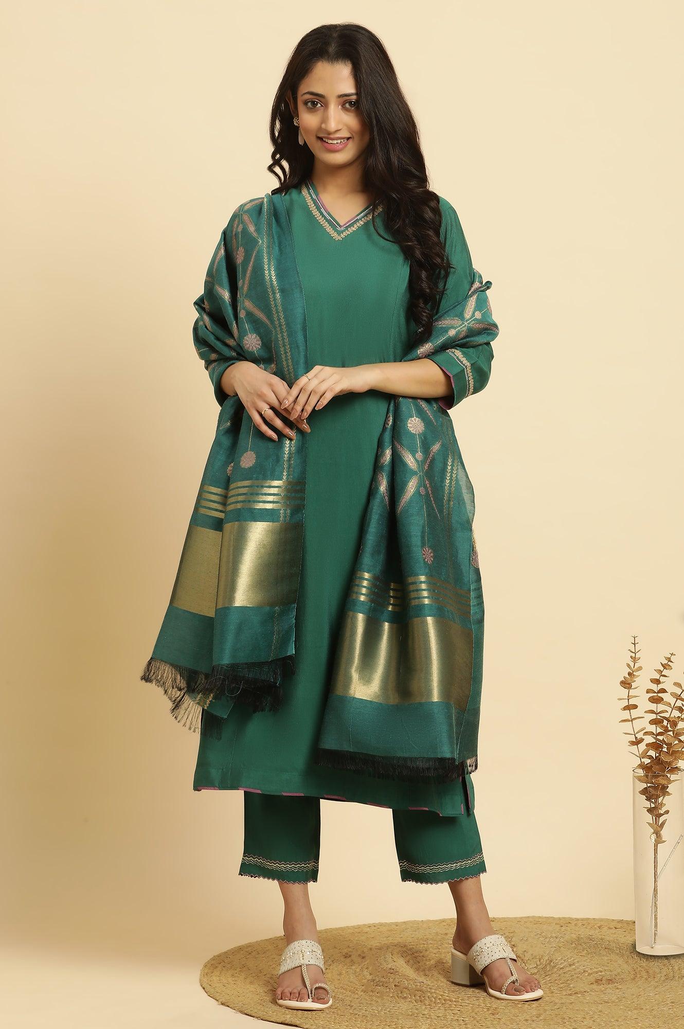 Green Solid Kurta, Pants And Jacquard Dupatta