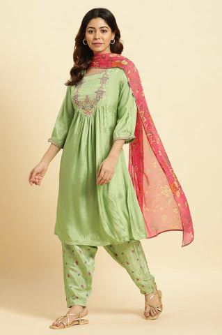 Green Embroidered Kurta, Salwar And Pink Chiffon Dupatta Set