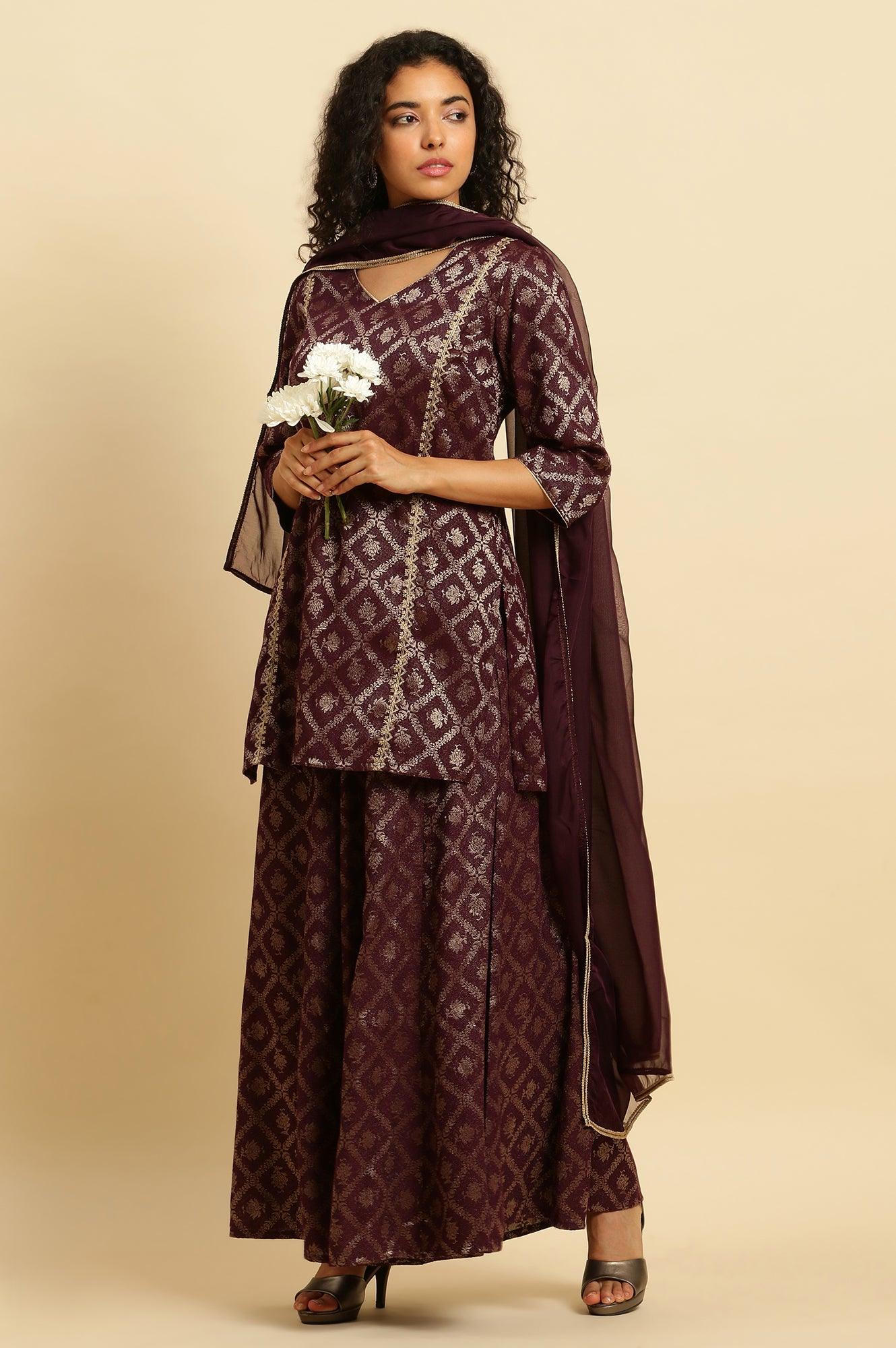 Purple Zari Embellished Short Kurta, Flared Pants And Dupatta Set