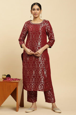 Maroon Rayon Jacquard Kurta And Pants Festive Set