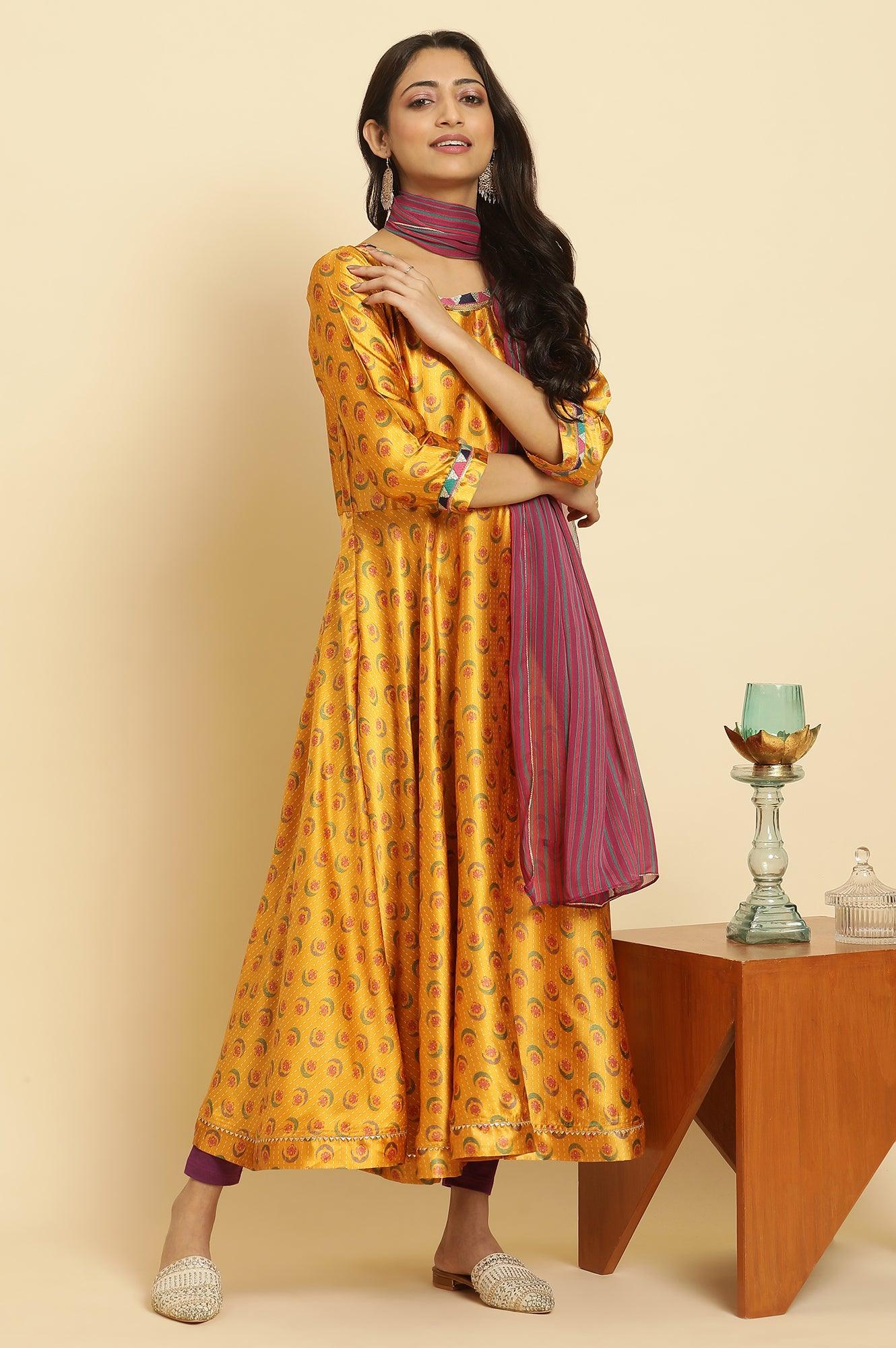 Yellow Floral Printed Satin Anarkali Kurta and Leggings Set with Dupatta